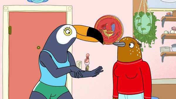 Tuca & Bertie, който съчетава екстровертен тукан (озвучен от Тифани Хадиш) и интровертен дрозд за песни (озвучен от Али Вонг), дебютира в петък в Netflix.