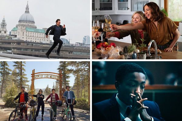 U smjeru kazaljke na satu od gore lijevo, scene iz Mission Impossible — Fallout, Wine Country, When They See Us i Rub of the World.