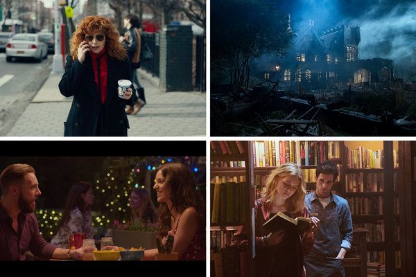 Myötäpäivään vasemmalta ylhäältä: Natasha Lyonne elokuvassa Russian Doll, The Haunting of Hill House, Elizabeth Lail ja Penn Badgley elokuvassa You ja kilpailijat Dating Aroundissa.
