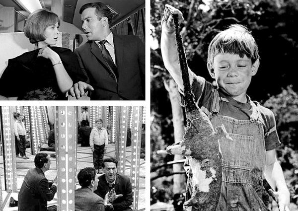 Alacakaranlık Kuşağı bölümleri, sol üstten saat yönünde: Christine White ve William Shatner, Nightmare at 20,000 Feet (1963); Bill Mumy, It
