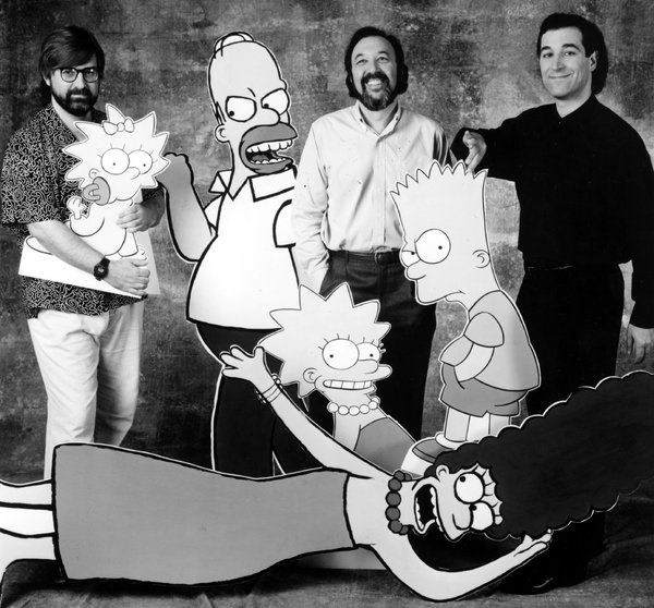 Sam Simon, en sağda, soldan Matt Groening ve James L. Brooks, 1990