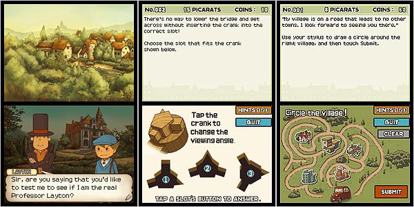 Cenas do Professor Layton e da Vila Curiosa mostram, à esquerda, a cidade, o professor e seu jovem companheiro e, no meio e à direita, os quebra-cabeças colocados no jogo.