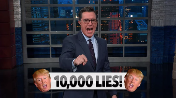 Stephen Colbert e altri ospiti hanno fatto molto del rapporto del Washington Post secondo cui il presidente Trump aveva raggiunto una pietra miliare della mendacia.