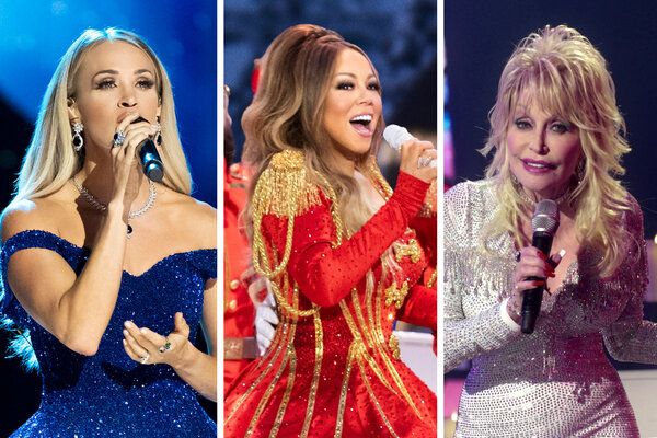 Divas pop no feriado brilham: da esquerda, Carrie Underwood, Mariah Carey e Dolly Parton.
