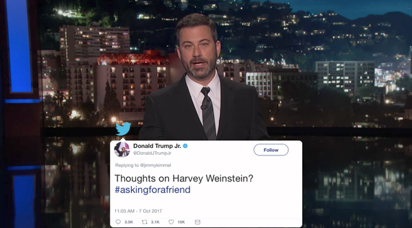 Jimmy Kimmel reageerde op een tweet van Donald Trump Jr., de zoon van de president, die maandag werd uitgezonden.