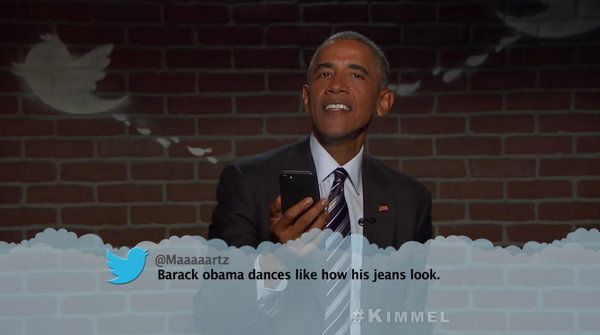Snimka zaslona predsjednika Obame tijekom segmenta Mean Tweets na Jimmy Kimmelu uživo!