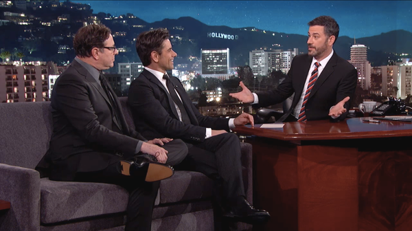 Skådespelarna Bob Saget, vänster, och John Stamos diskuterade sin vän Don Rickles, förolämpningskomedimästaren som dog förra veckan vid 90, på Jimmy Kimmel Live! på måndag.