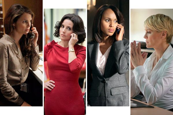 Slijeva: Keri Russell, lukavi K.G.B. špijunirati Amerikance; Julia Louis-Dreyfus, egoist na Veep-u; Kerry Washington, rušiteljica kuća u skandalu; i Robin Wright, ledeni spletkar u Kući od karata.