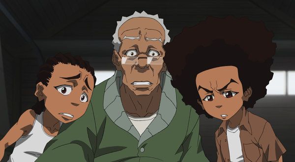 The Boondocks, sobre los hermanos Freeman, Riley, a la izquierda, y Huey, a la derecha, y su abuelo Robert, en Adult Swim.