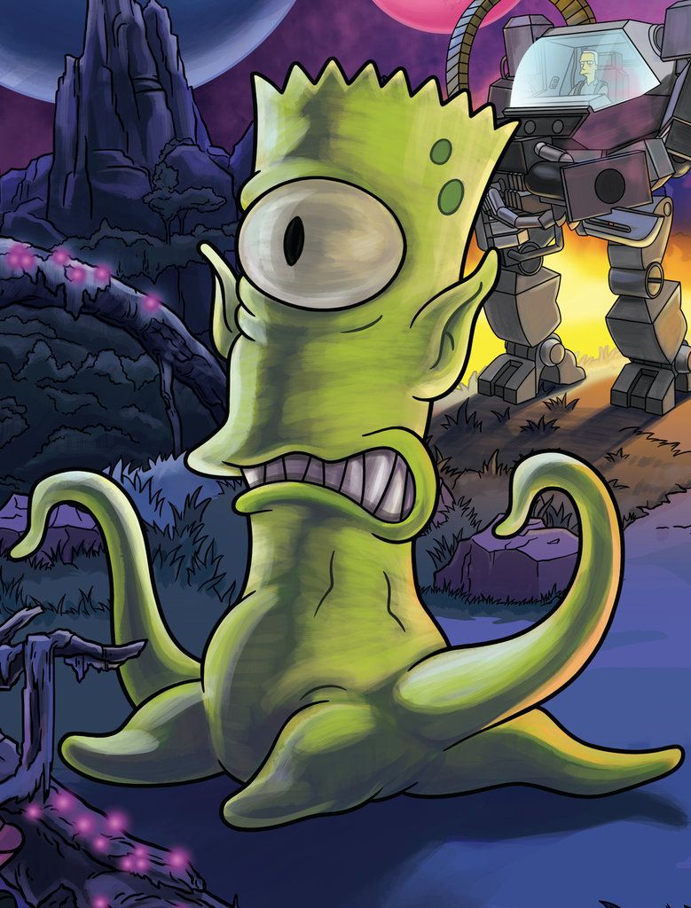 Bart Simpson als een alien in The Simpsons, een show die de ruimte in straalde.