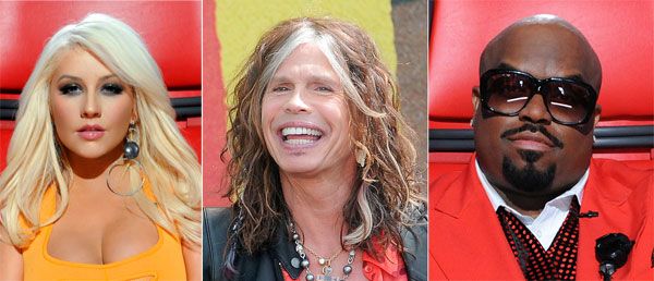 จากซ้าย คริสติน่า อากีล่าร์ ในรายการ The Voice; สตีเวน ไทเลอร์ จาก American Idol; และซี โล กรีน ในรายการ The Voice