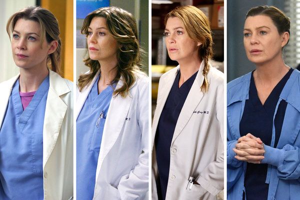 Ellen Pompeo som Meredith Grey, sett fra venstre, i sesong 1, 5, 11 og 16 av Grey